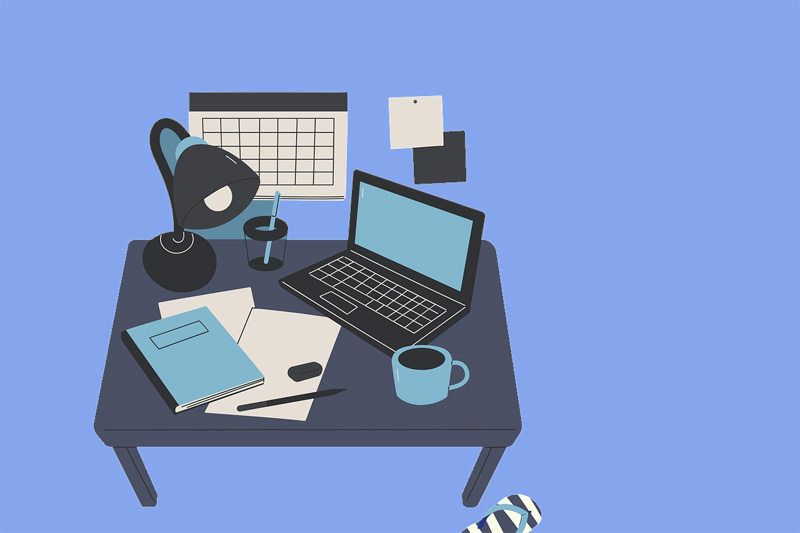 An illustration of a desk containing tools for organizing and writing: calendar, notebook, computer and of course a cup of coffee!
