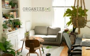 Photo of a small apartment with a logo reading Organize A*Z Designing Dream Storage Spacs